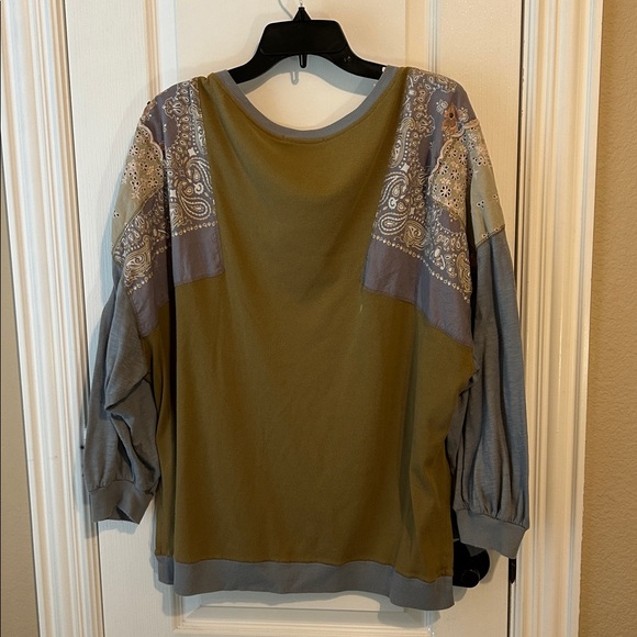 We The Free Olive and Gray Patchwork Long Sleeve Tee - Picture 5 of 5